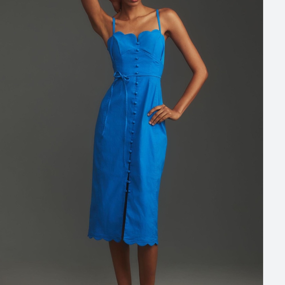 By Anthropologie Linen Sweetheart Slim Midi Dress Blue Size 14 NWT